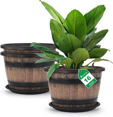 3 Pack 16 inch Plant Pots,Whiskey Barrel Planters with Drainage Holes & Saucer Flower Pots Imitation Wine Barrel Design