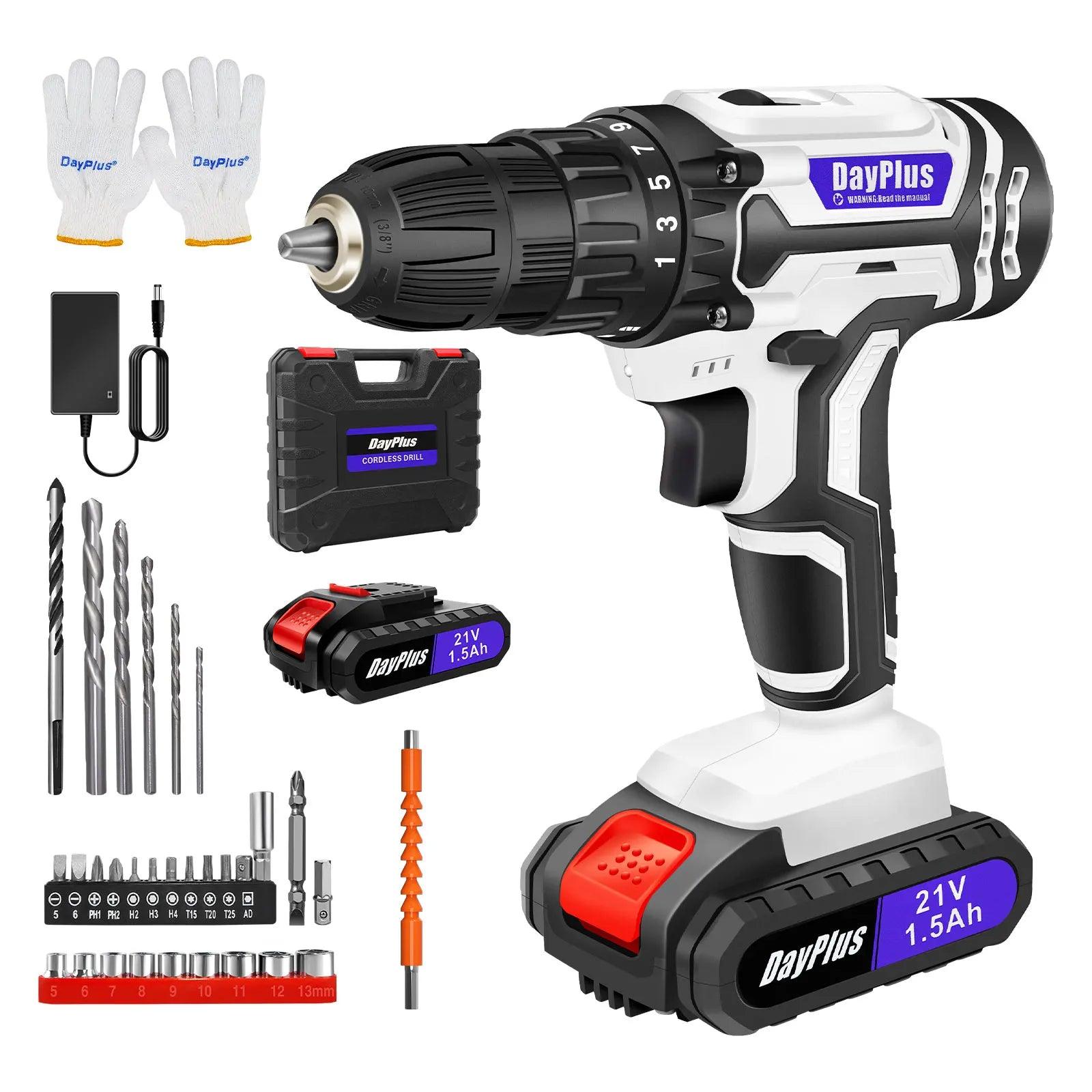 21V Portable Cordless Power Drill Set Impact Screw Driver with 1500mAh Li-Ion Rechargeable Battery 25+1 Torque Setting 45N.m - Jess Deals