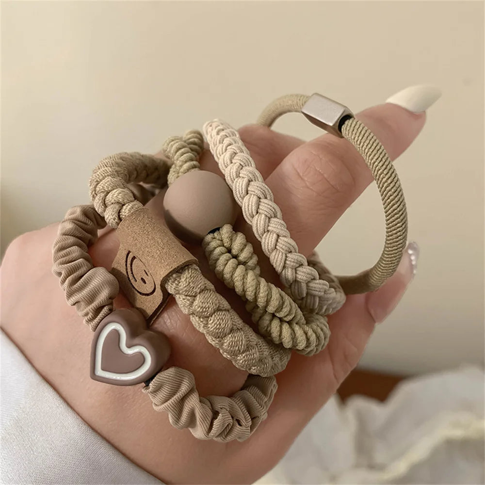 5pcs/Set Simple Heart Ball Charms Scrunchie No Damage Elastic Braided Hair Ties Ropes Women Girls Ponytail Holder Rubber Bands