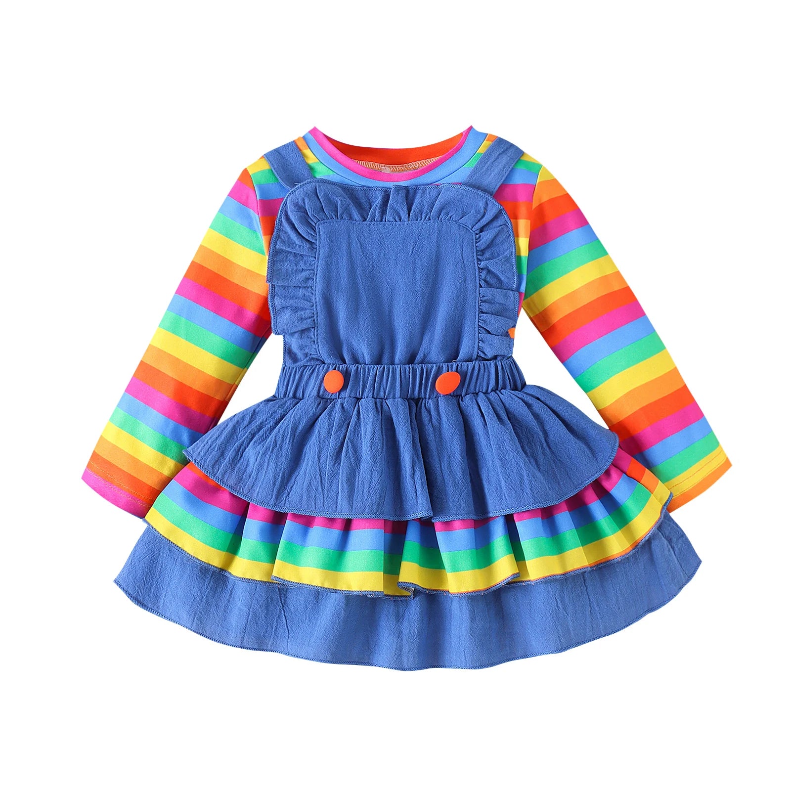 2PCS Autumn New Style 1-4 Year Old Girl Baby Sweet And Cute Round Collar Rainbow Stripe Long-Sleeved Top + Strap Skirt Set