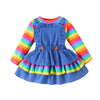 2PCS Autumn New Style 1-4 Year Old Girl Baby Sweet And Cute Round Collar Rainbow Stripe Long-Sleeved Top + Strap Skirt Set