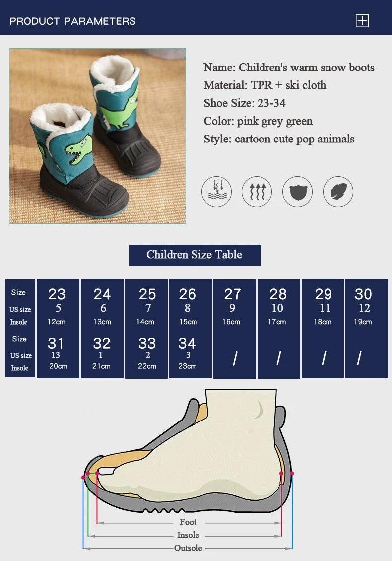 Winter Children Snow Boots Boys Girls Warm Waterproof Ski Boots Baby Cute Cartoon Dinosaur Print High Boots - Jess Deals