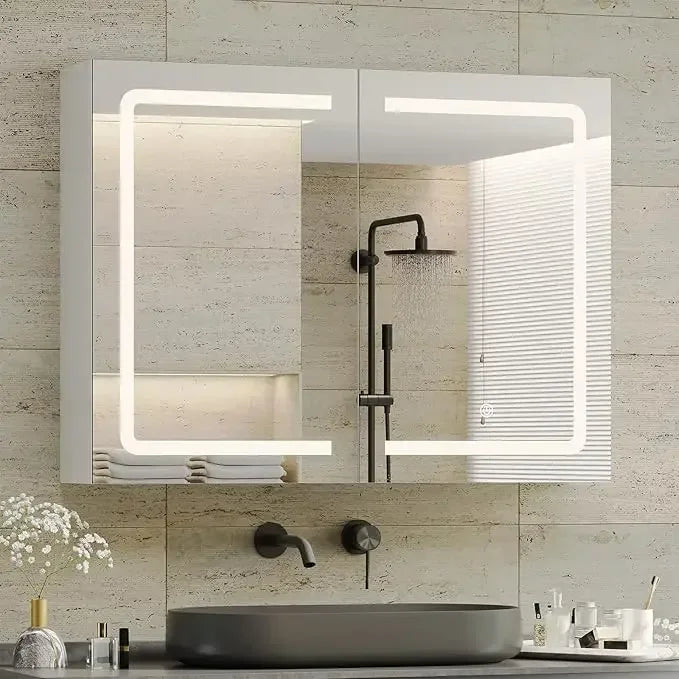 Bathroom Medicine Cabinet with Mirrors and Led Lights Double Doors Wall Mounted Mirror Cabinet