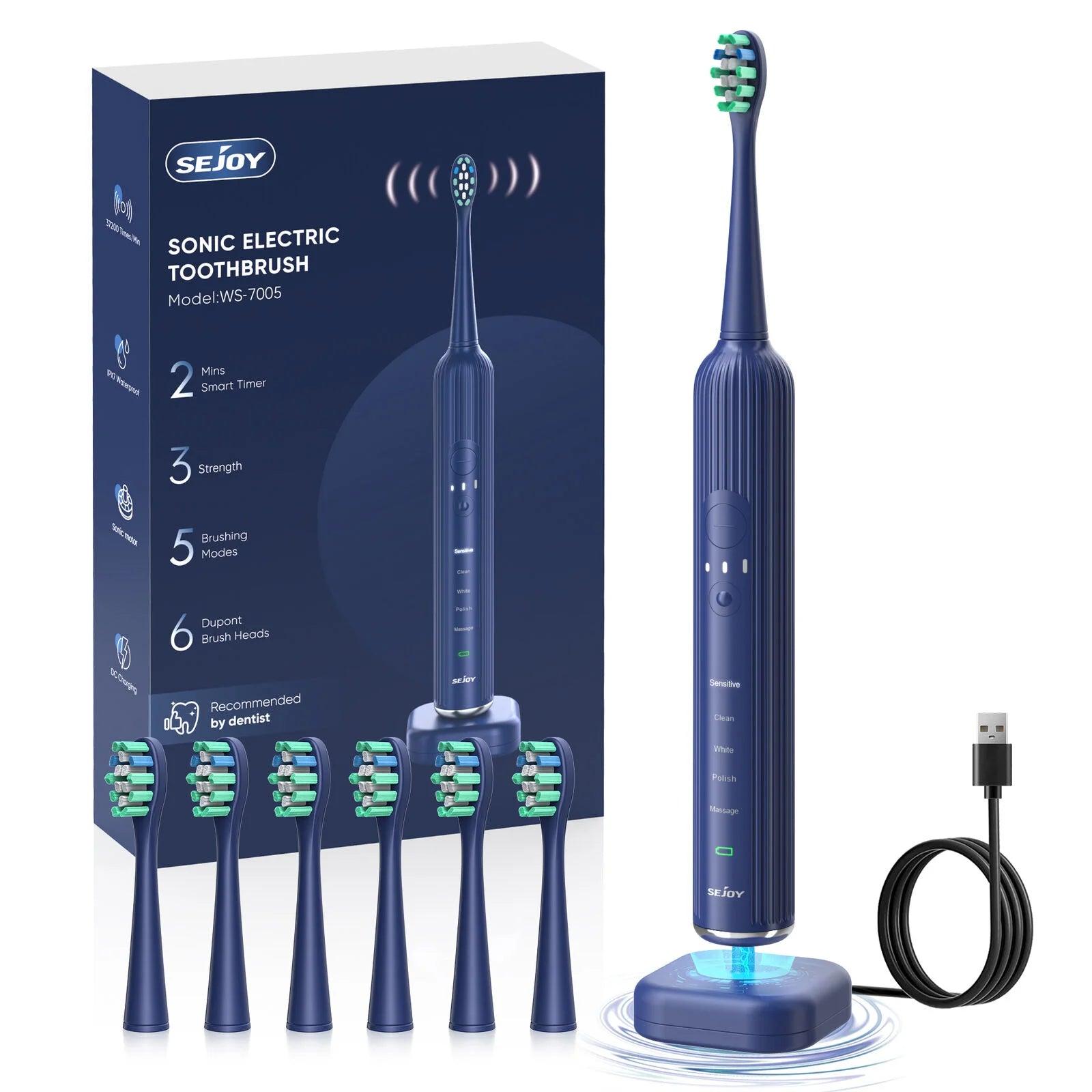 Sejoy Sonic Electric Toothbrush for Adults Rechargeable 5 Cleaning Modes Ultra Sonic Toothbrush with 12 Brush Heads Smart Timer - Jess Deals