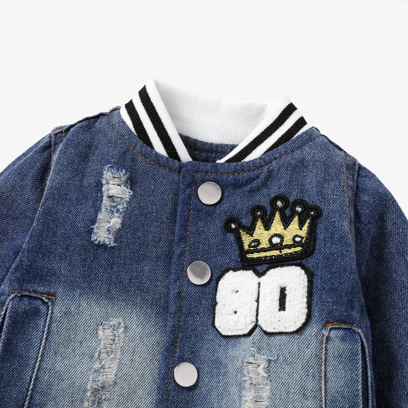Baby Boy Hole Design Trendy Basic Long Sleeve Denim Jacket Soft and Comfortable  Perfect for Outings and Daily Wear