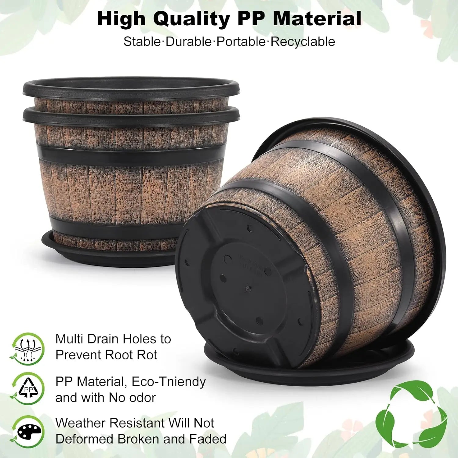 3 Pack 16 inch Plant Pots,Whiskey Barrel Planters with Drainage Holes & Saucer Flower Pots Imitation Wine Barrel Design