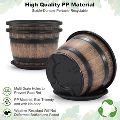 3 Pack 16 inch Plant Pots,Whiskey Barrel Planters with Drainage Holes & Saucer Flower Pots Imitation Wine Barrel Design