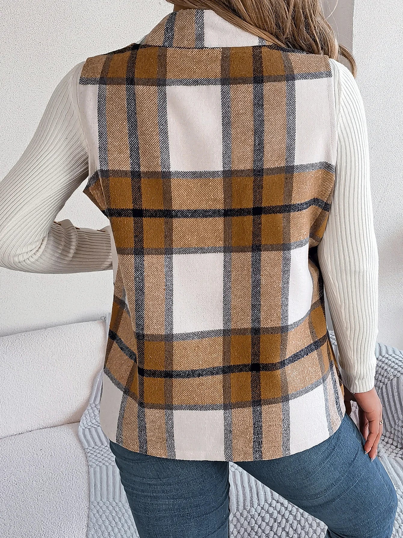Autumn Winter Casual Plaid Sleeveless Woolen Jacket Vest Women Coats