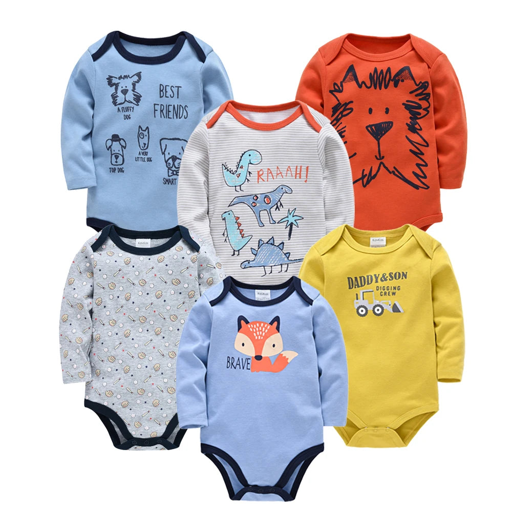 KAVKAS Baby Boy Clothes 6 Pcs/Lot Long Sleeve roupa bebes Bodysuit 0-24 Months Cartoon Print Newborn Cotton Jumpsuit