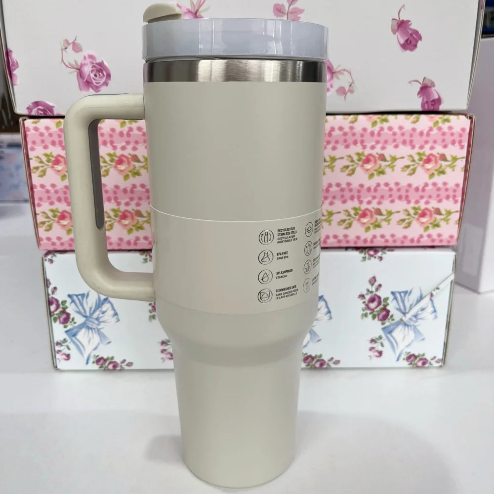 40oz Insulated Stainless Steel Cup with Handle and Straw | Travel Cup Holder | BPA Free