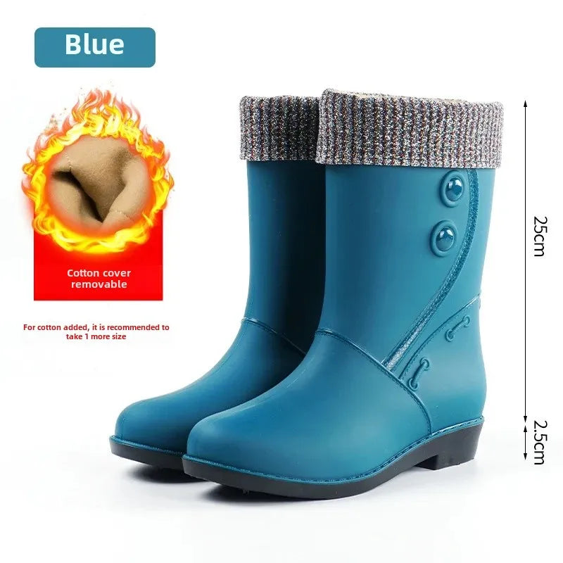 Outdoor Fashion Mid Tube Low Heel Women's Rain Boots Four Seasons Waterproof Car Wash Non-slip Kitchen Work Boots