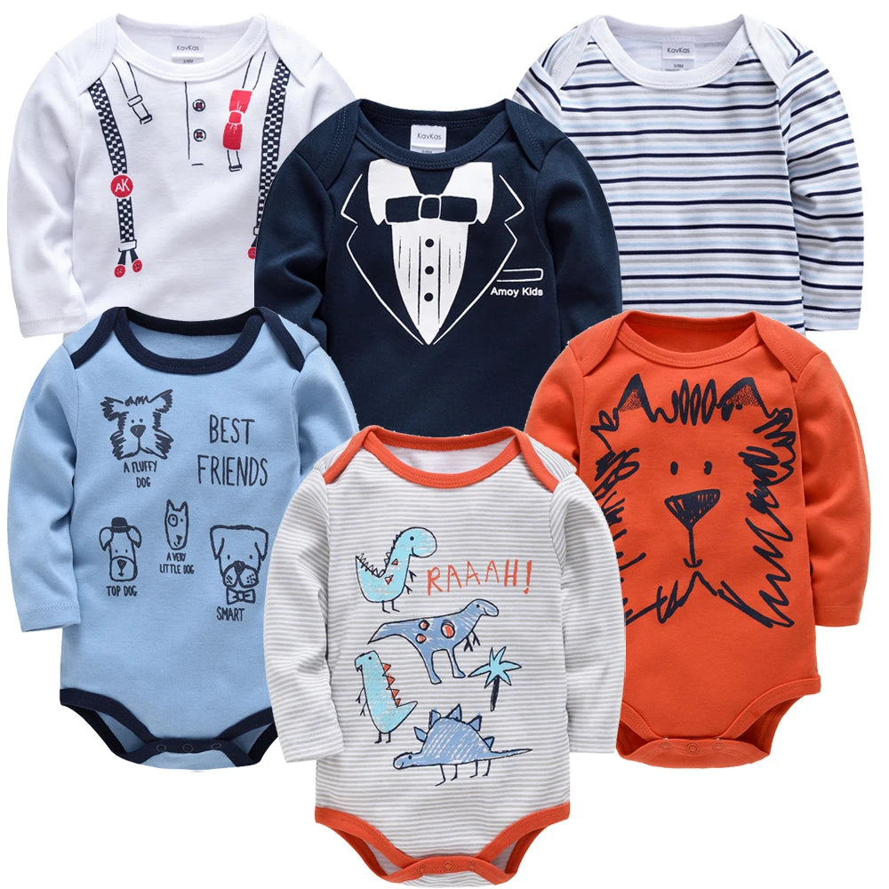 KAVKAS Baby Boy Clothes 6 Pcs/Lot Long Sleeve roupa bebes Bodysuit 0-24 Months Cartoon Print Newborn Cotton Jumpsuit