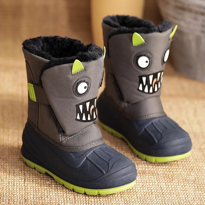 Winter Children Snow Boots Boys Girls Warm Waterproof Ski Boots Baby Cute Cartoon Dinosaur Print High Boots - Jess Deals