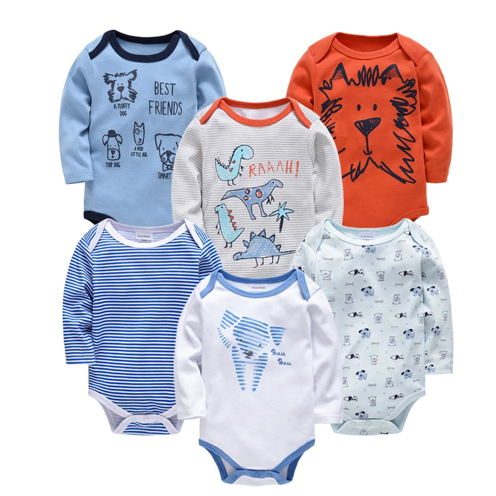 KAVKAS Baby Boy Clothes 6 Pcs/Lot Long Sleeve roupa bebes Bodysuit 0-24 Months Cartoon Print Newborn Cotton Jumpsuit