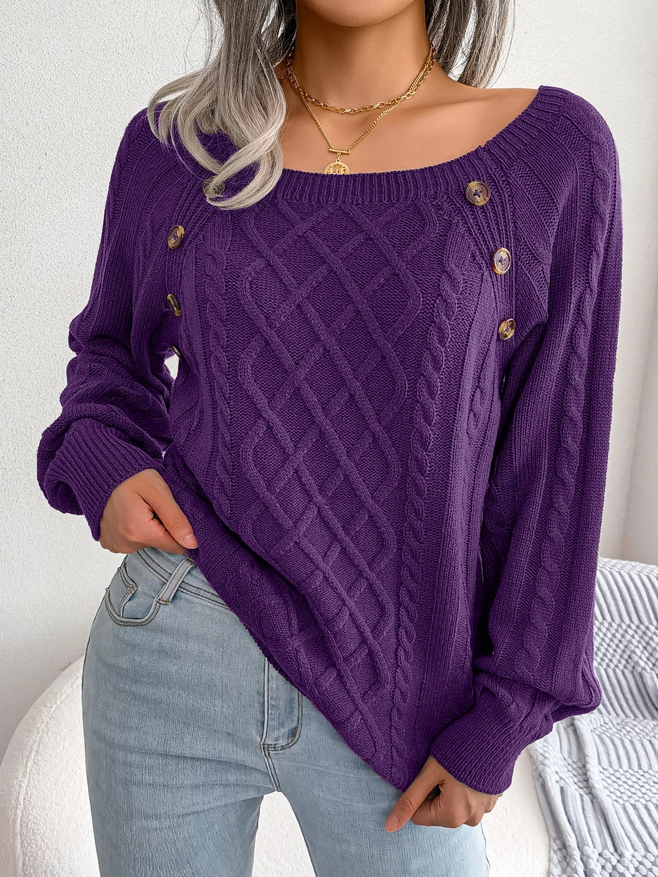 Women Casual Square Collar Buttons Long Sleeve Knitted Pullovers And Sweaters For Autumn Winter 2023