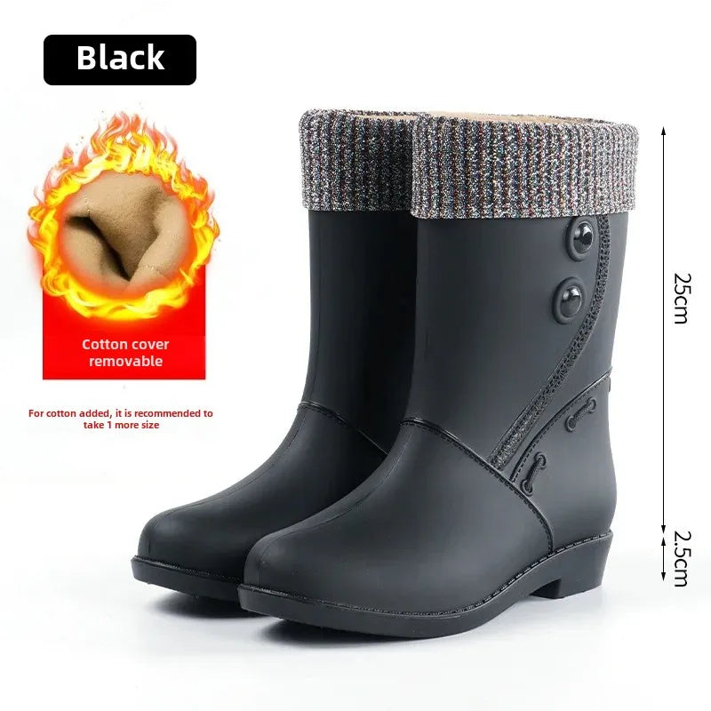 Outdoor Fashion Mid Tube Low Heel Women's Rain Boots Four Seasons Waterproof Car Wash Non-slip Kitchen Work Boots