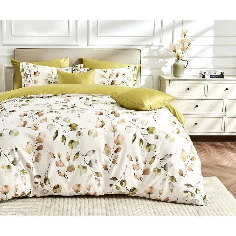 Duvet Cover Queen Size, 600 Thread Count Cotton Beige & Bluish Grey Printed with Luxurious Leaves Pattern Reversible Botanical