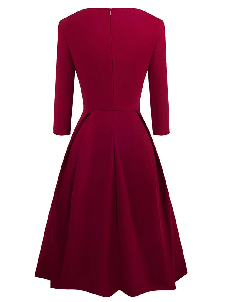Nice-forever Vintage Solid Color V neckline Pinup Pockets vestidos A-Line Business Party Female Flare Swing Women Dress A191