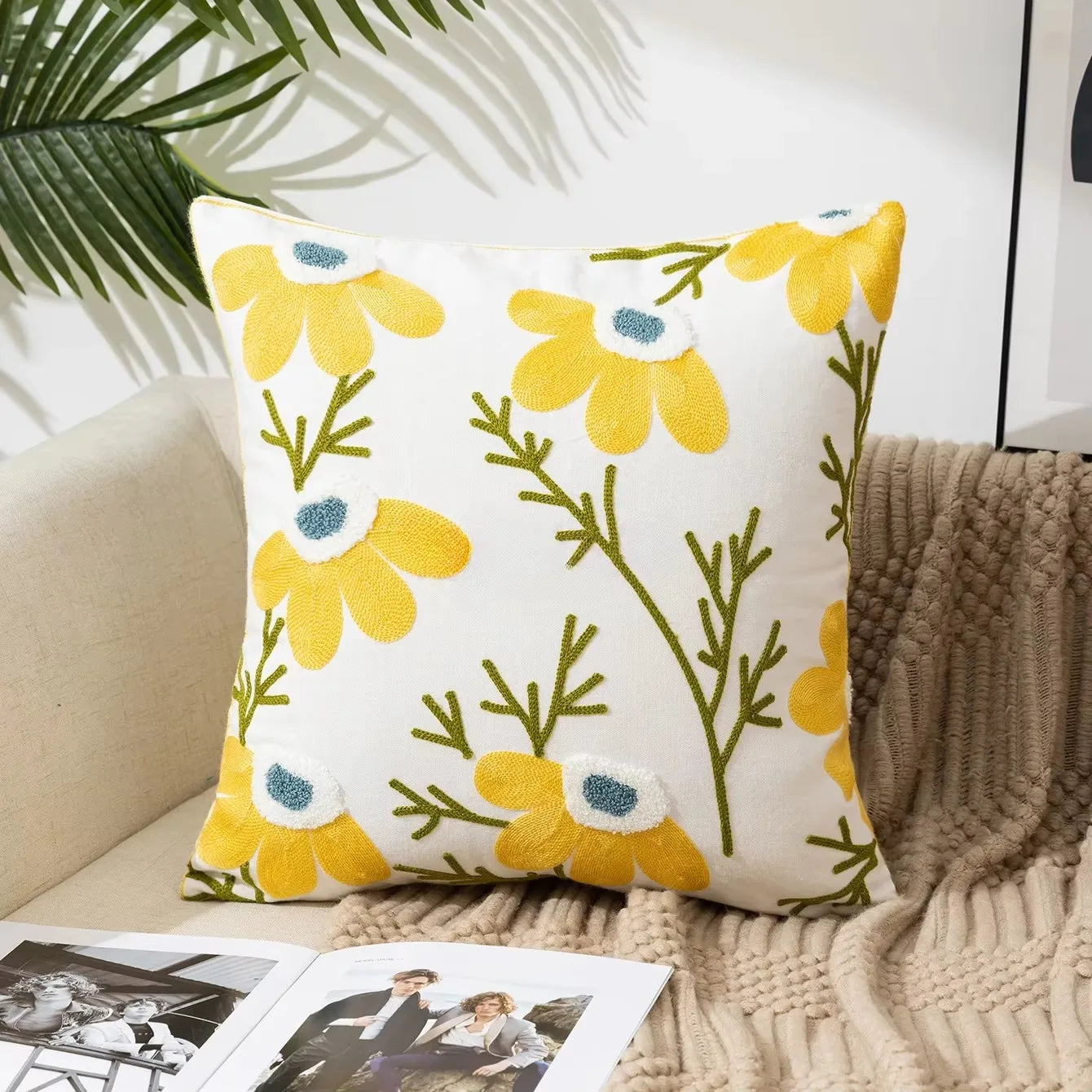 45X45CM Flower Embroidered Throw Pillow Cover Plant Towel Modern Stamping Waist Cushion Cover Decor Home Decorative Pillowcase