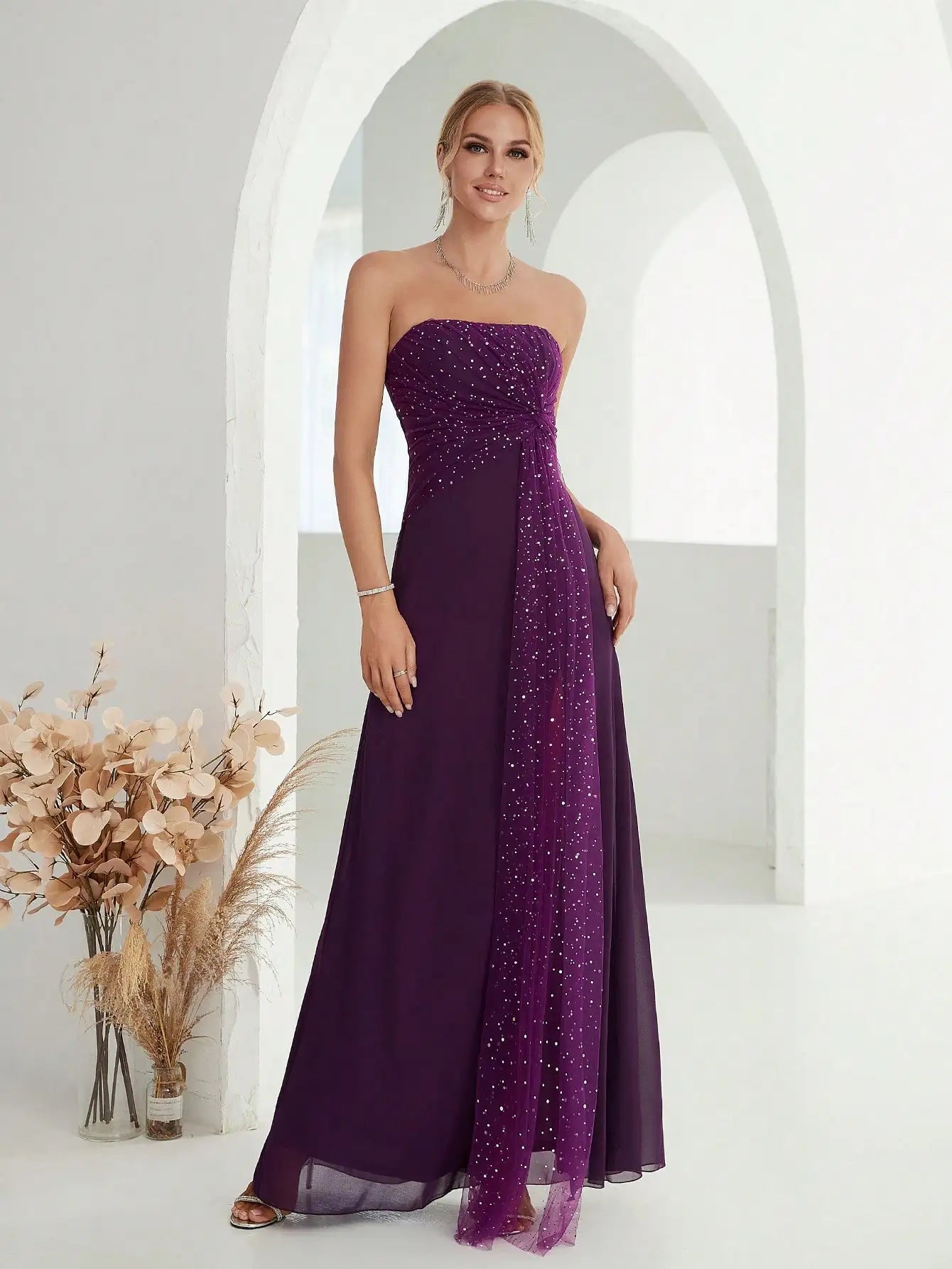 Mgiacy Strapless sleeveless chiffon Ladies Dinner Dress (Heavy industry) Evening dress Ball dress Party dress Bridesmaid dress - Jess Deals