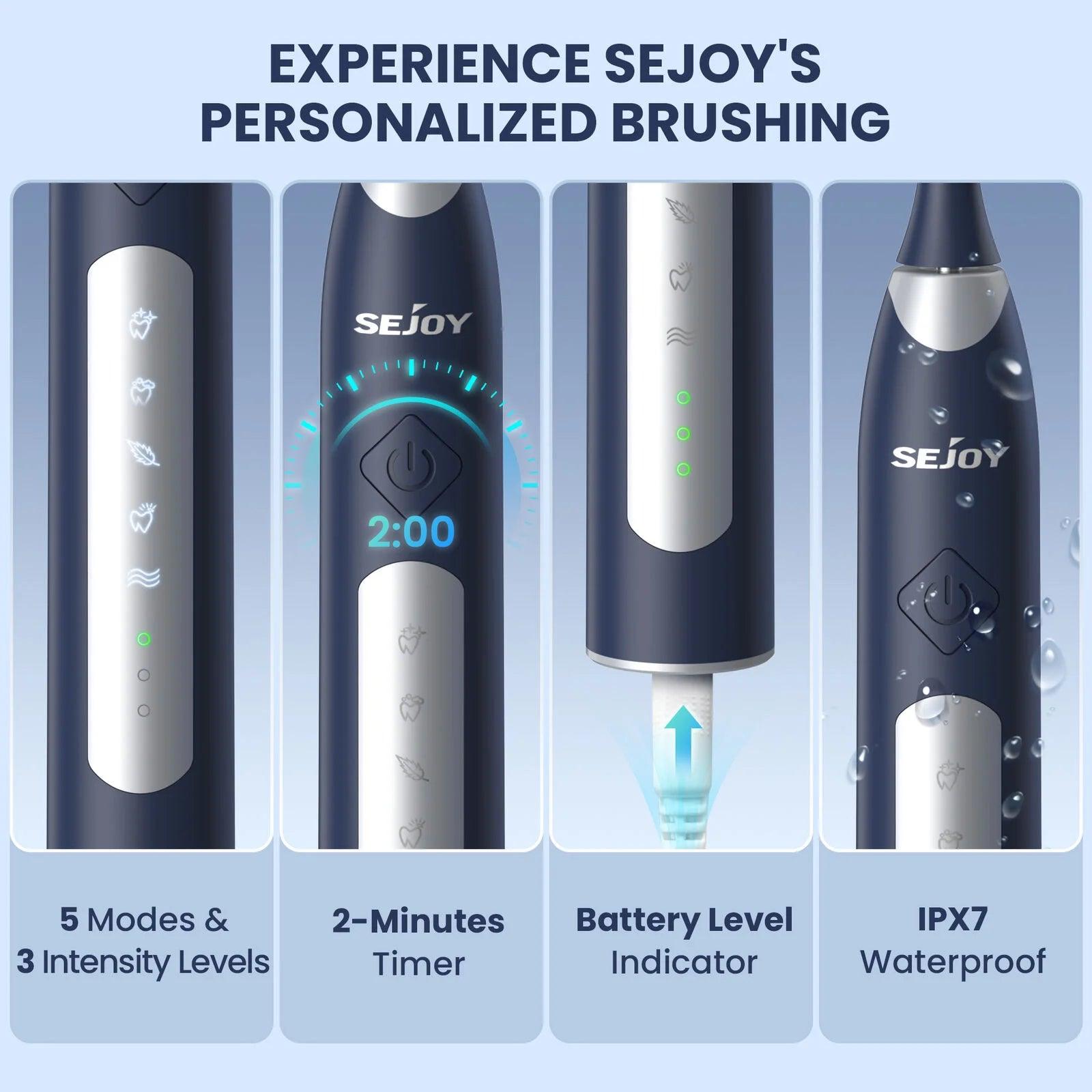 Sejoy Sonic Electric Toothbrush for Adults Rechargeable 5 Cleaning Modes Ultra Sonic Toothbrush with 12 Brush Heads Smart Timer - Jess Deals