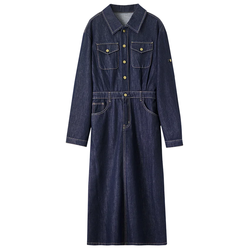 SENTUBILA Cotton Denim Dresses for Womens Spring 2025 A-line Vintage Turn Down Collar Button Pockets Long Dresses W51L58809
