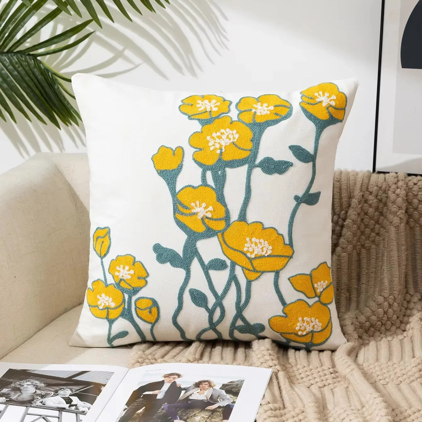 45X45CM Flower Embroidered Throw Pillow Cover Plant Towel Modern Stamping Waist Cushion Cover Decor Home Decorative Pillowcase