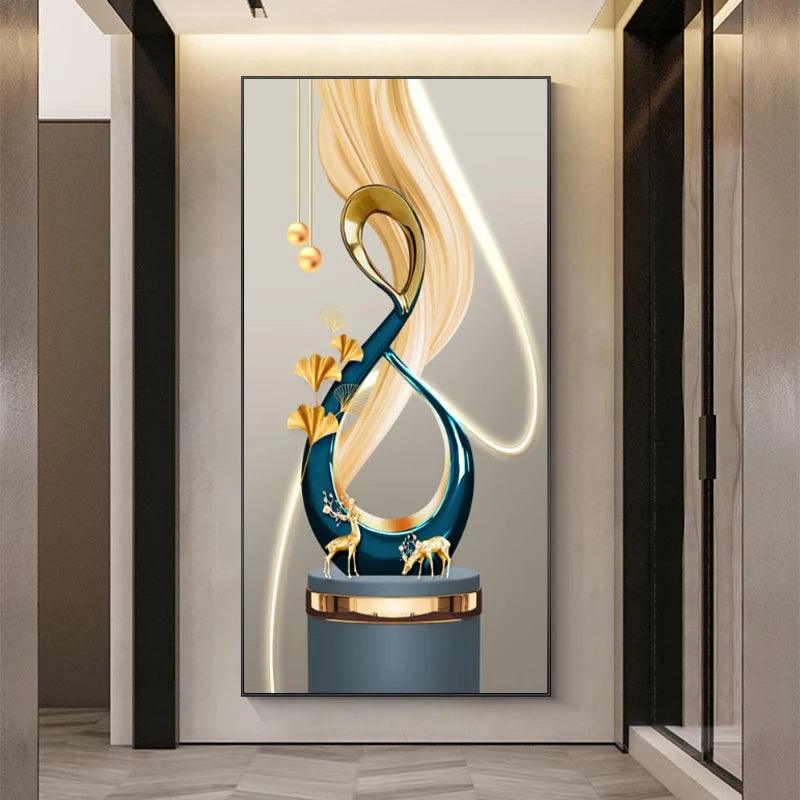 Abstract Luxury Geometry Feather Leaf Light Canvas Painting Deer Decorative Wall Art Golden Living Room - Jess Deals