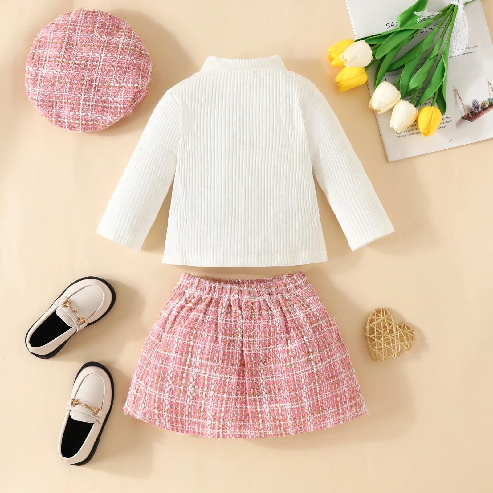 Toddler Baby Girl Skirt Set Fall Clothes Ribbed Tops Houndstooth Mini Skirt Dress Hat 3pcs Winter Outfits - Jess Deals