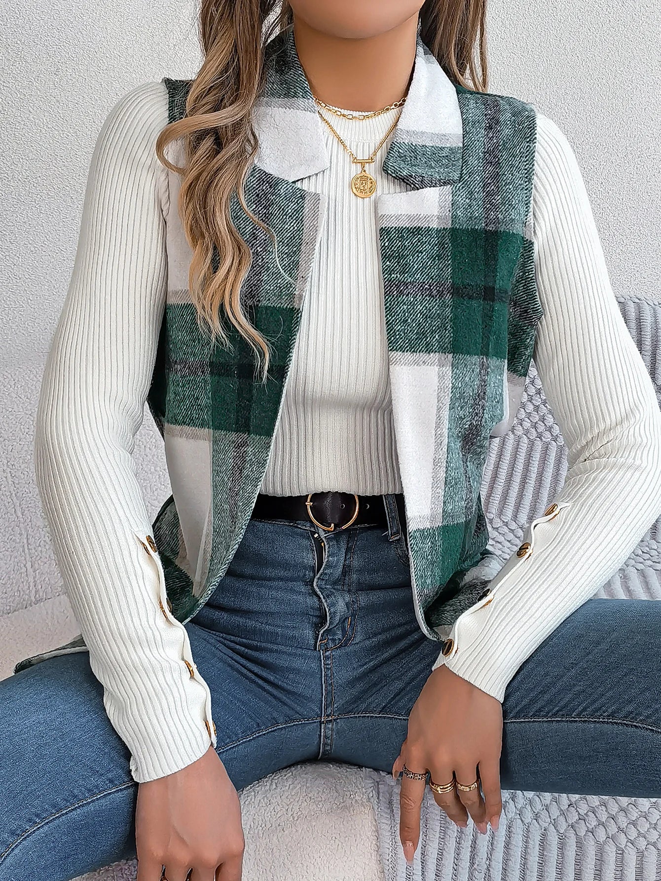 Autumn Winter Casual Plaid Sleeveless Woolen Jacket Vest Women Coats