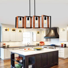 4-Light Kitchen Island Lights Pendant Light Farmhouse Dining Room Light Fixture, Rustic Wood and Black Metal Rectangular Chandel