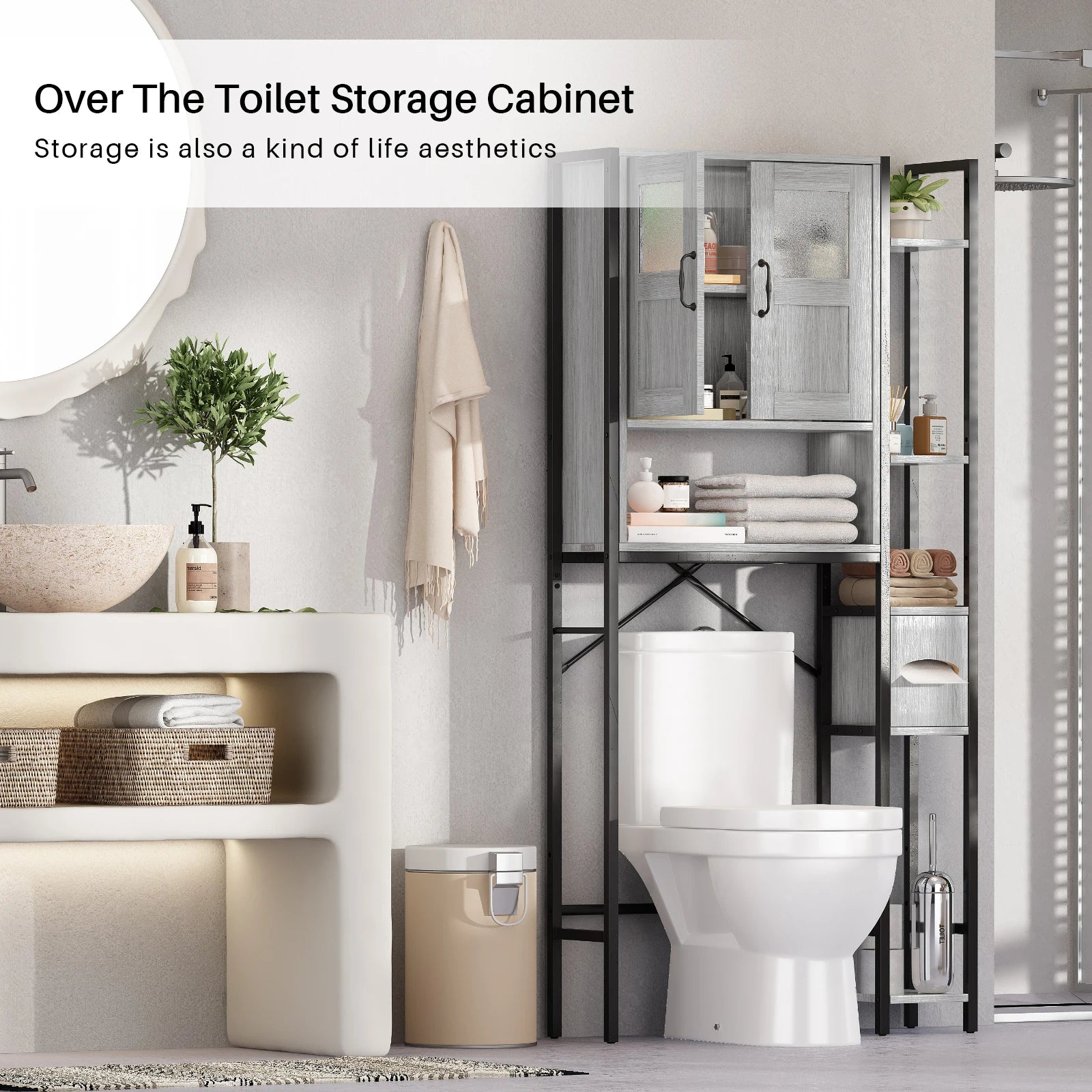 Over The Toilet Cabinet, Bathroom Storage Organizer 64.6 inch Tall Toilet Rack w/ Adjustable Open Shelves & Double Doors