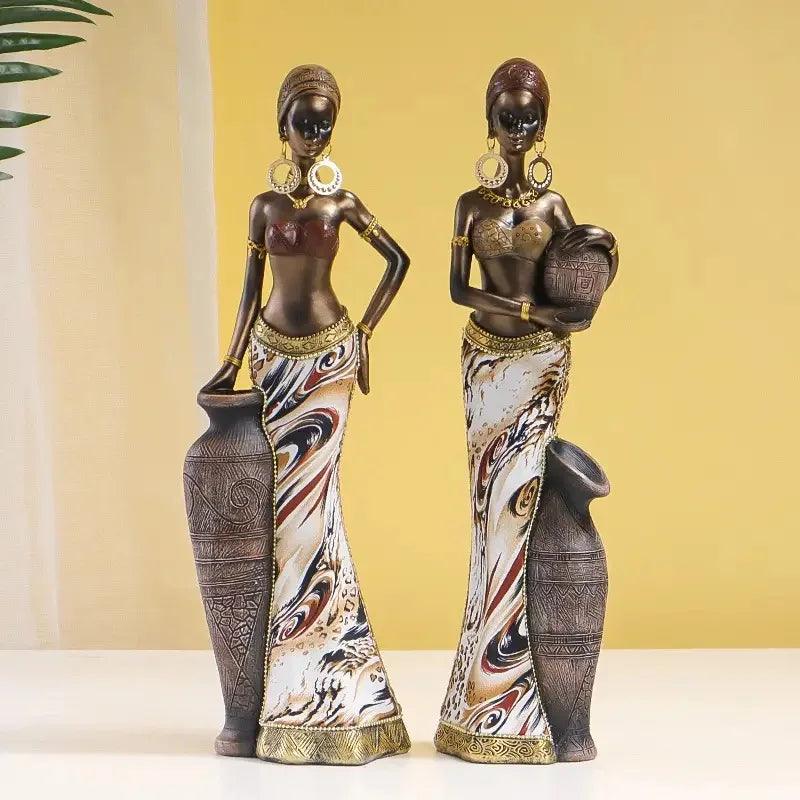 African Women Figurines Exotic Resin Character Statue Retro Black Women Sculpture Vintage Home Decor for Interior Cabinet - Jess Deals