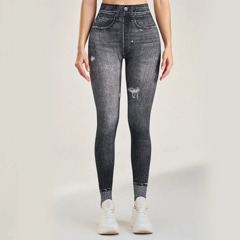 Women High Waist Sport Leggings Denim Pattern Yoga Pants Hip lifting Running Trousers Girls Elastic Quick Dry Gym Fitness Tights