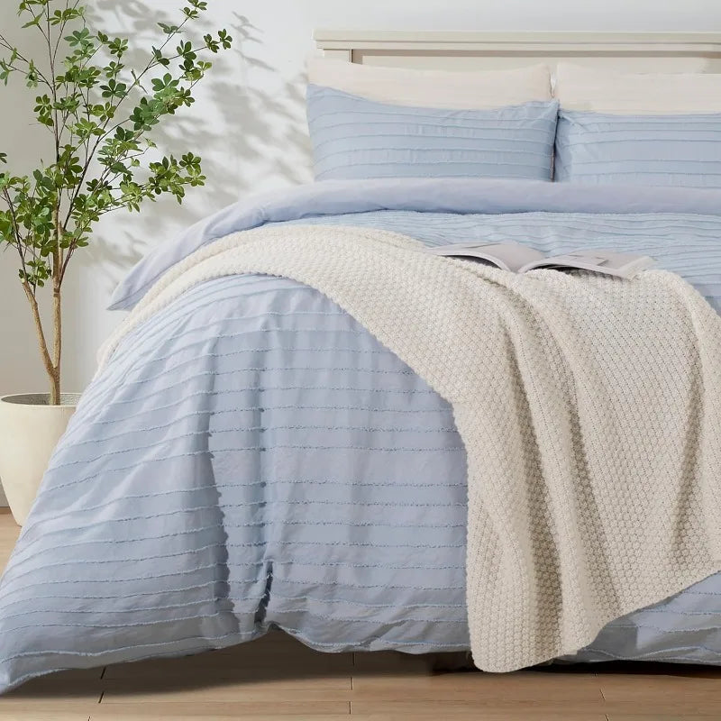 Duvet Cover Queen Size, Navy 3 Pieces Boho Tufted Duvet Cover Set, Soft and Lightweight Microfiber Comforter Cover Set