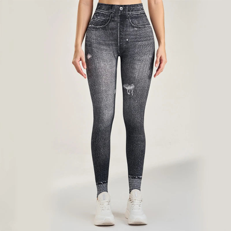 Women High Waist Sport Leggings Denim Pattern Yoga Pants Hip lifting Running Trousers Girls Elastic Quick Dry Gym Fitness Tights