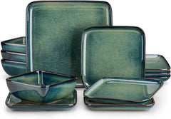 Stern Blue Dinner Set Square Reactive Glaze Tableware 12 Pieces Kitchen Dinnerware