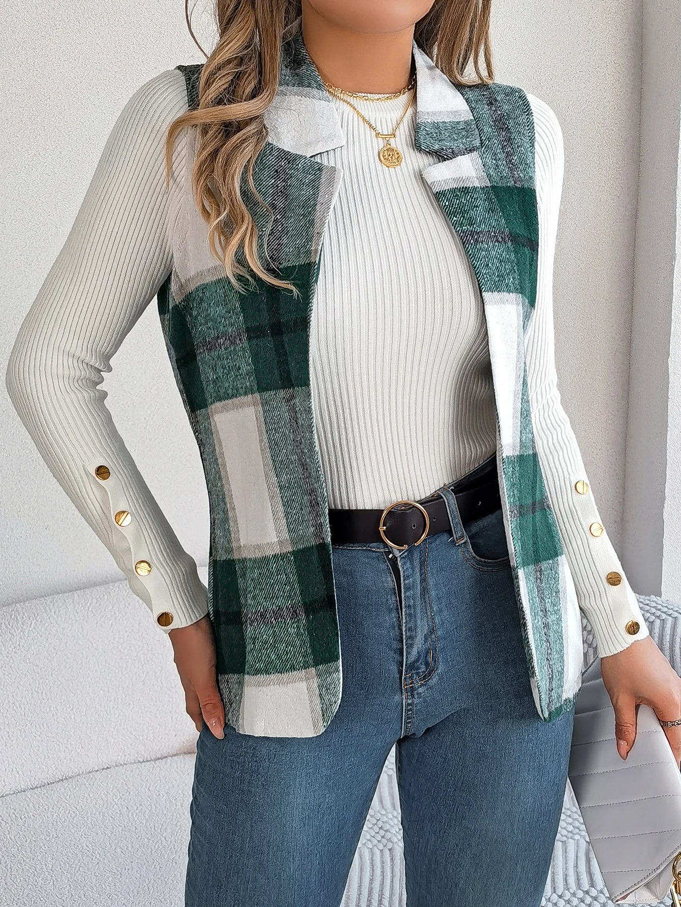 Autumn Winter Casual Plaid Sleeveless Woolen Jacket Vest Women Coats