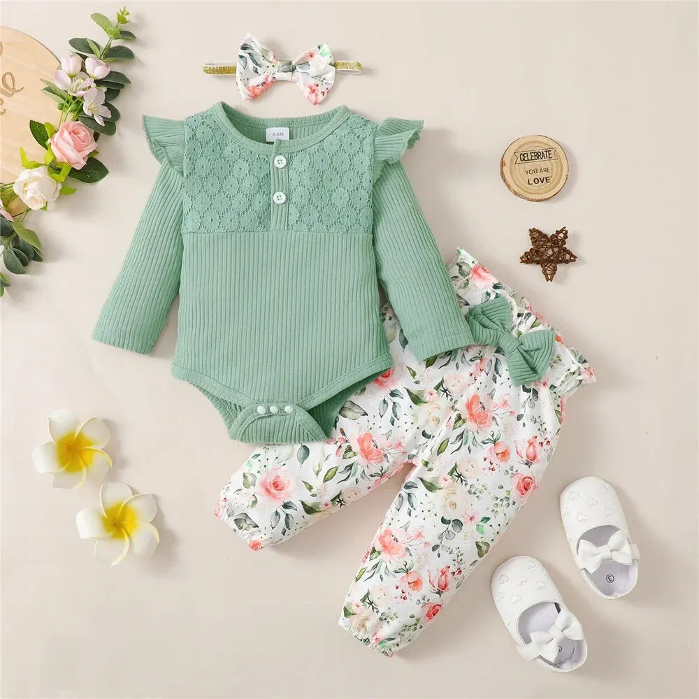 3PCS Baby Girl Clothes Set Long Sleeve Romper Top+Flowers Pant+Headband Spring&Autumn Lovely Outfit for Toddler Girl 0-18 Months - Jess Deals