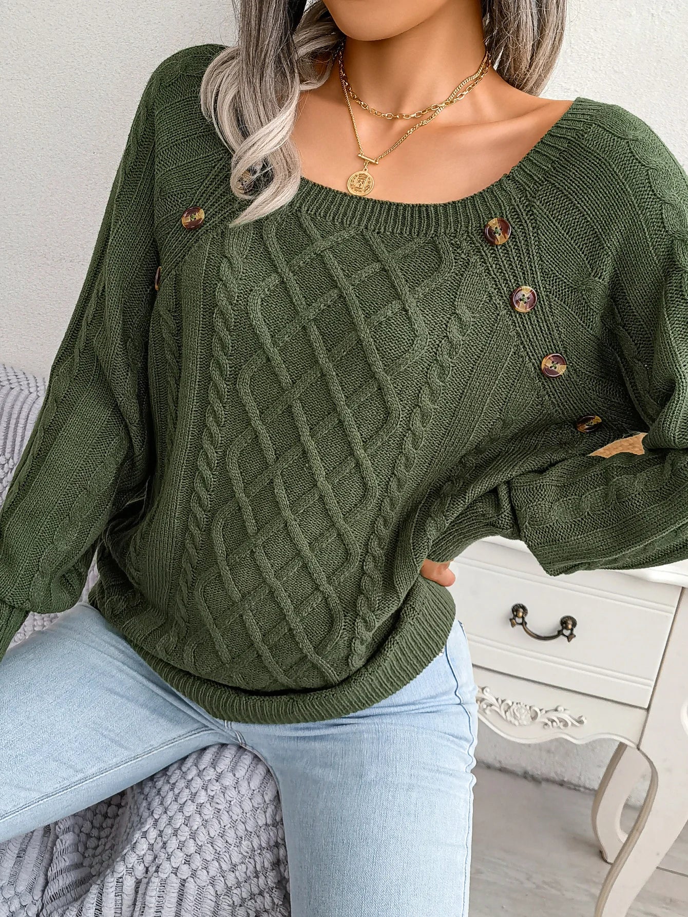 Women Casual Square Collar Buttons Long Sleeve Knitted Pullovers And Sweaters For Autumn Winter 2023