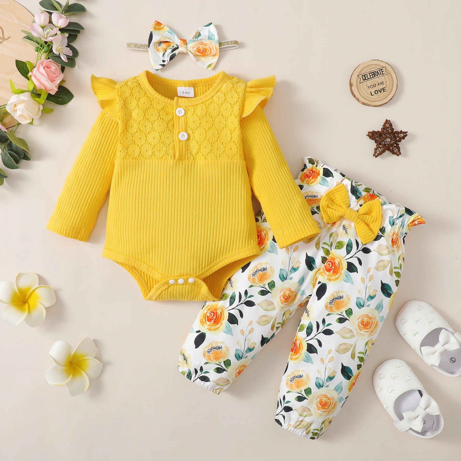 3PCS Baby Girl Clothes Set Long Sleeve Romper Top+Flowers Pant+Headband Spring&Autumn Lovely Outfit for Toddler Girl 0-18 Months - Jess Deals