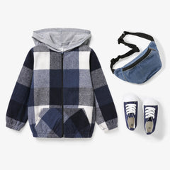 Kid Boy Casual Plaid Pattern Hooded Jacket Soft and Comfortable  Perfect for Outings and Daily Wear Basic Style