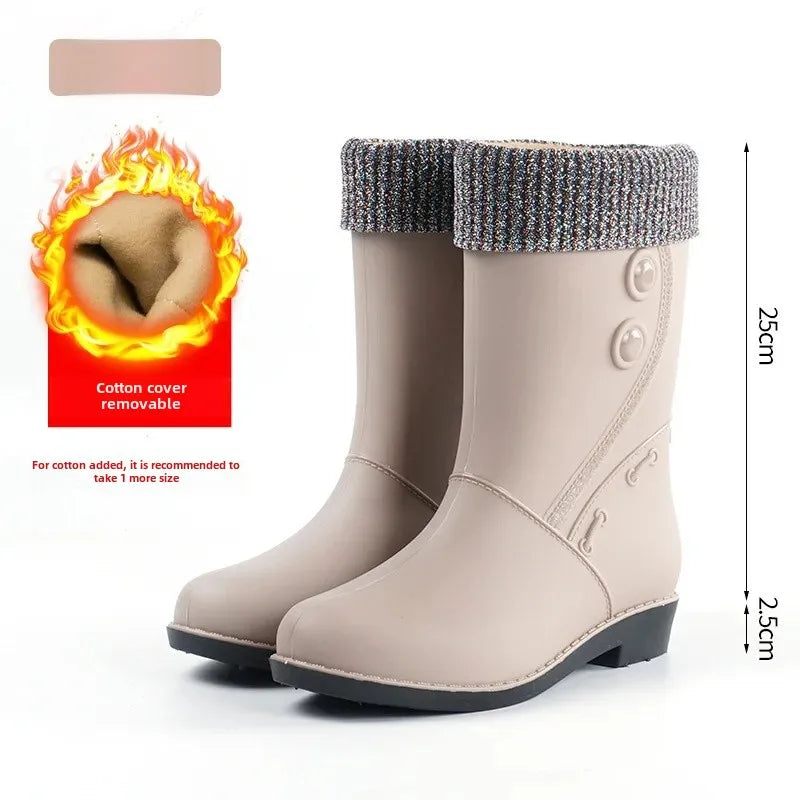 Outdoor Fashion Mid Tube Low Heel Women's Rain Boots Four Seasons Waterproof Car Wash Non-slip Kitchen Work Boots