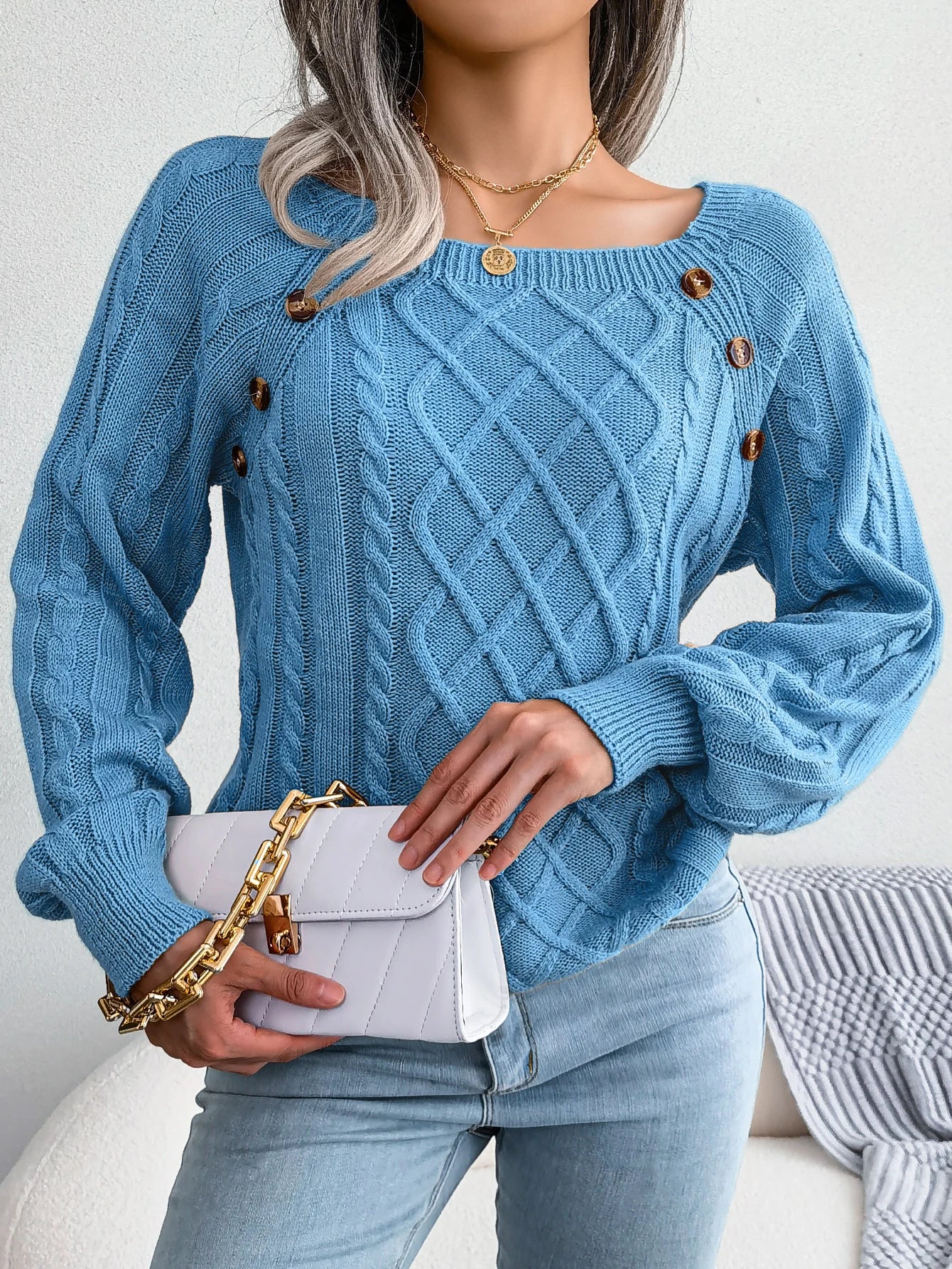 Women Casual Square Collar Buttons Long Sleeve Knitted Pullovers And Sweaters For Autumn Winter 2023