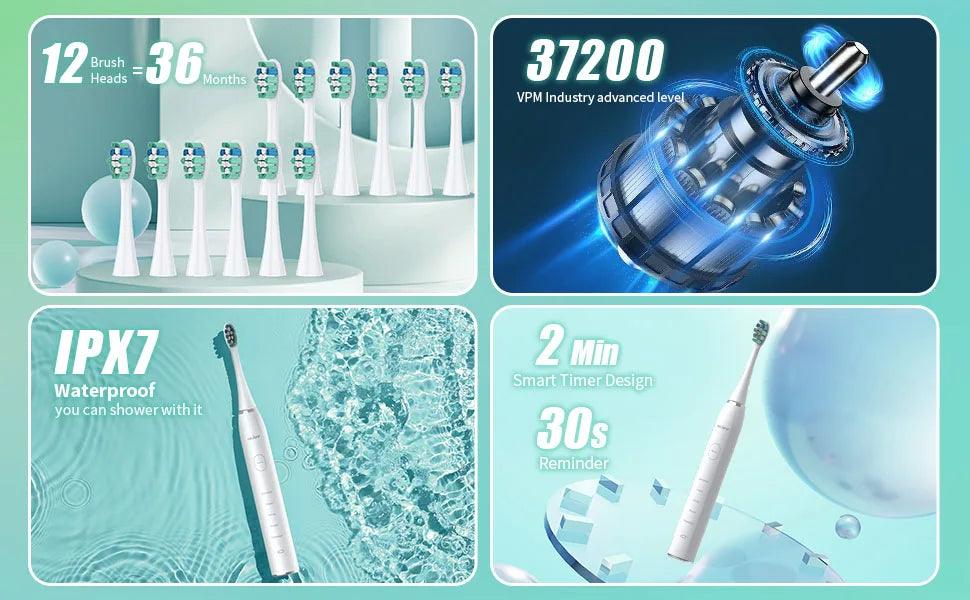 Sejoy Sonic Electric Toothbrush for Adults Rechargeable 5 Cleaning Modes Ultra Sonic Toothbrush with 12 Brush Heads Smart Timer - Jess Deals