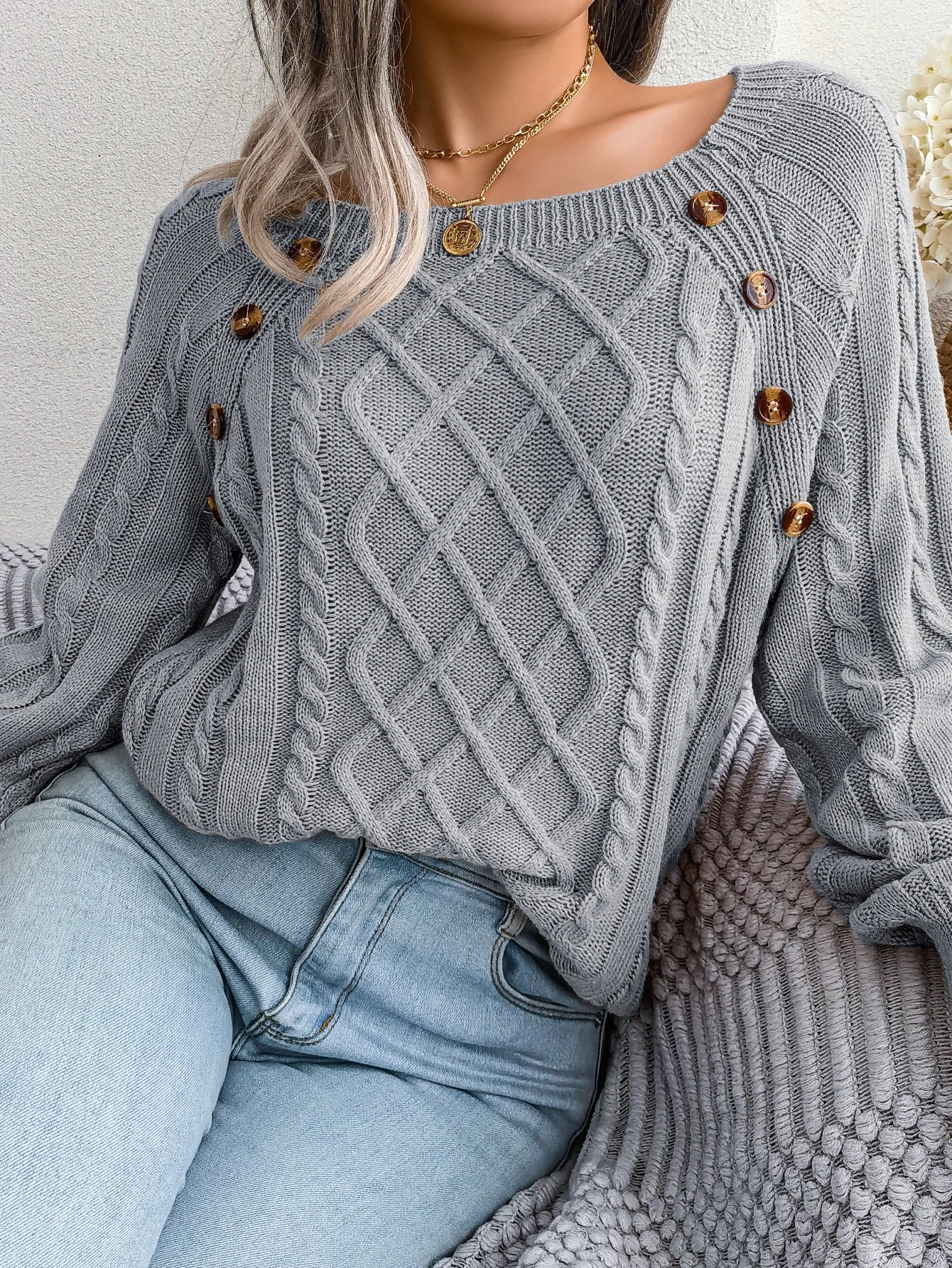 Women Casual Square Collar Buttons Long Sleeve Knitted Pullovers And Sweaters For Autumn Winter 2023
