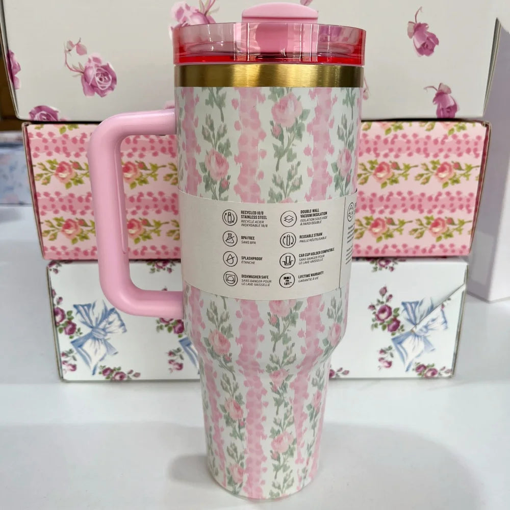 40oz Insulated Stainless Steel Cup with Handle and Straw | Travel Cup Holder | BPA Free