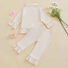Girls 2PCS Pajama Sets Long Sleeve Lapel Ruffle Trim Button Up Shirt Pants Sleepwear