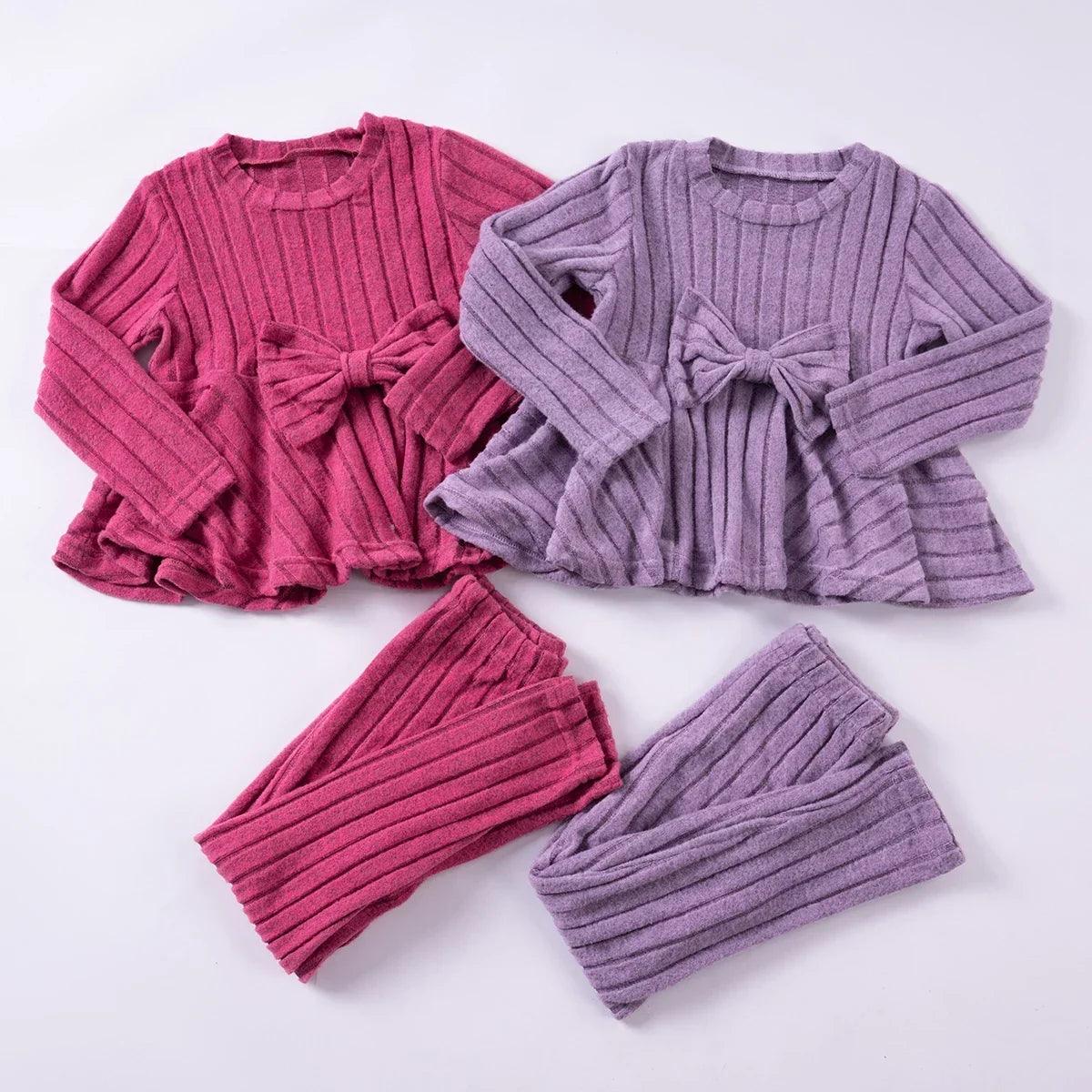 Autumn Girl Casual Set, Solid Color Bow Decoration Top and Slim Pants - Jess Deals