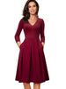 Nice-forever Vintage Solid Color V neckline Pinup Pockets vestidos A-Line Business Party Female Flare Swing Women Dress A191